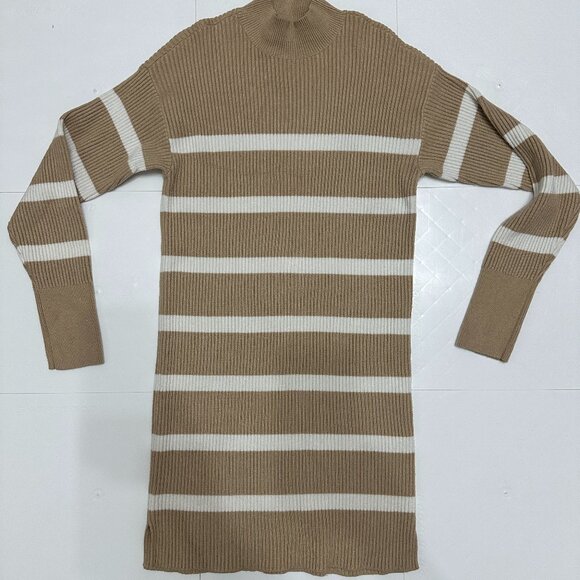 Abercrombie & Fitch Mockneck Mini Sweater Dress - Light Brown Stripe Size Small - Picture 1 of 7